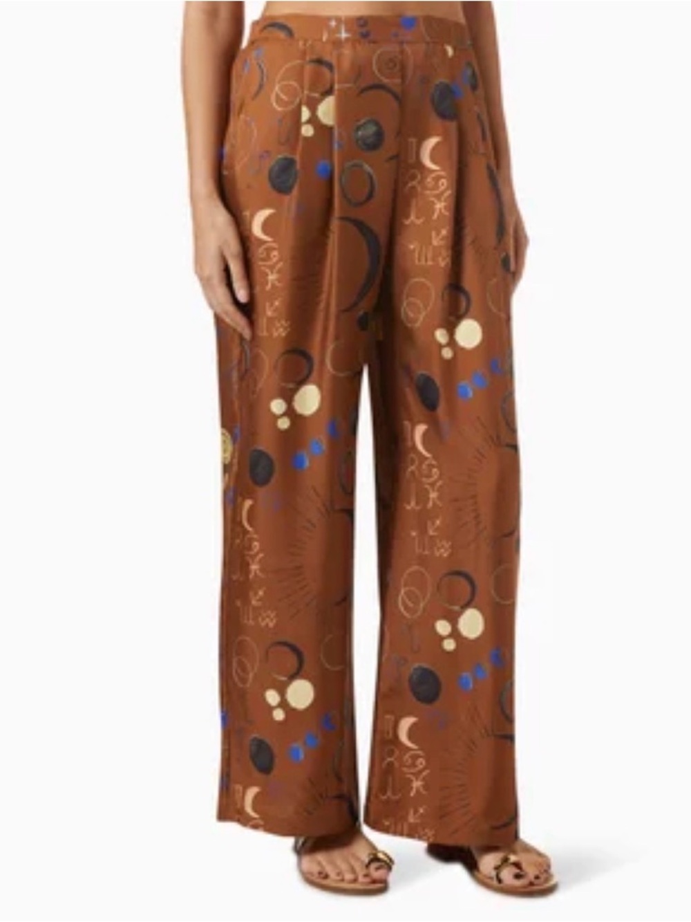 Printed Wide-Leg Satin Pants in Brown